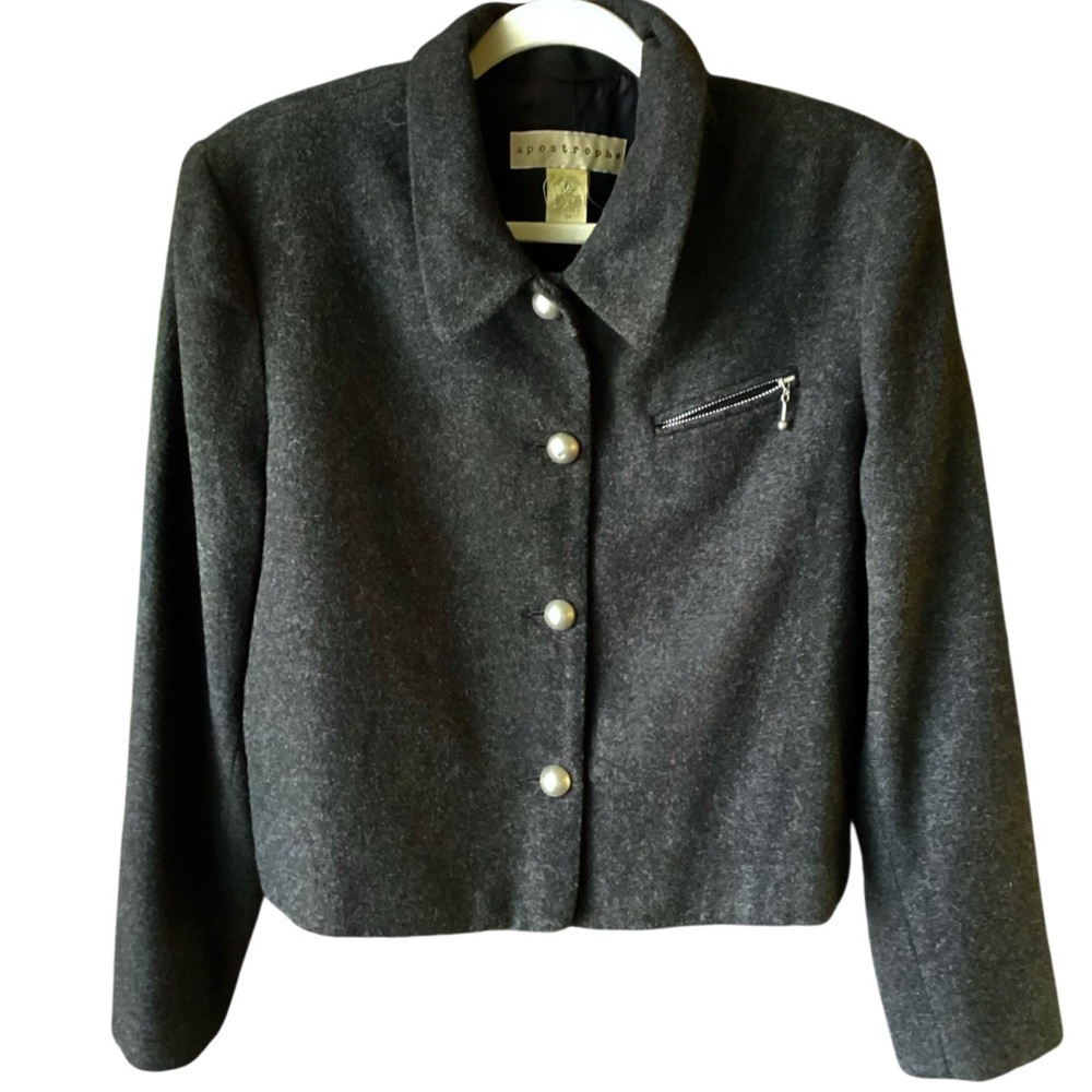Apostrophe Charcoal Blazer Wool Blend Jacket Gray Dome Buttons Cropped  Size 14